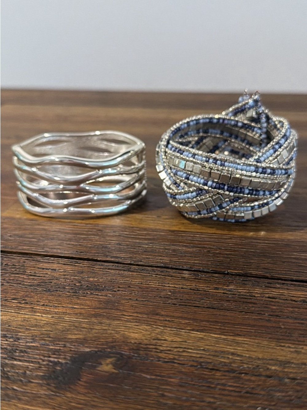 Beaded Blue & Silver Braided Bracelet and Silver Multi-Band Cuff Set